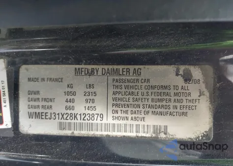 2008 Smart Fortwo Passion/Pure z USA, uszkodzony, nr VIN WMEEJ31X28K123879